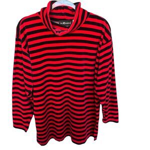 Vintage Sag Harbor Turtleneck Top Womens Medium Velour Red Black Striped
